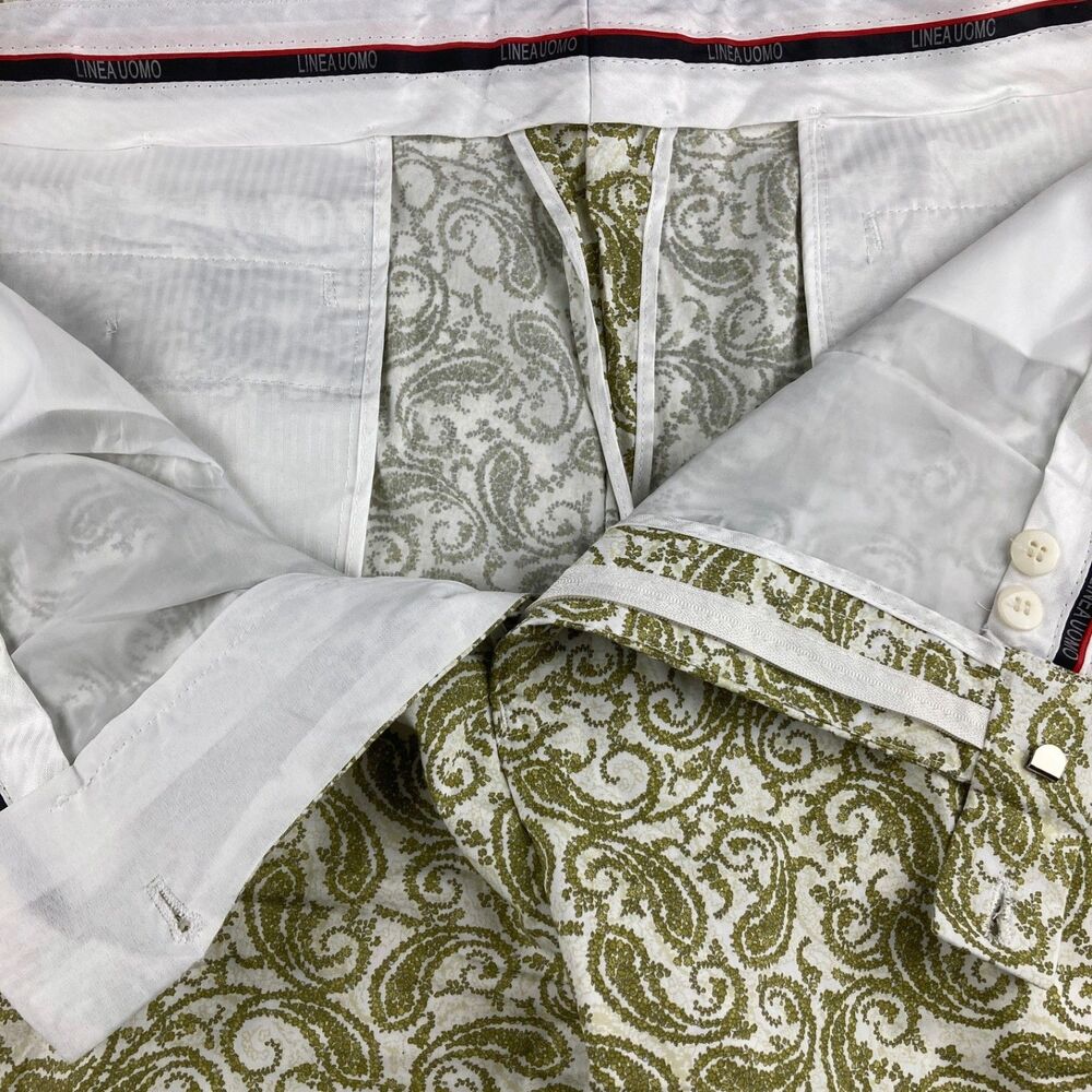 Linea Uomo Men's Paisley Print Shorts Size 42 White Olive Green Flat Front - Picture 4 of 8